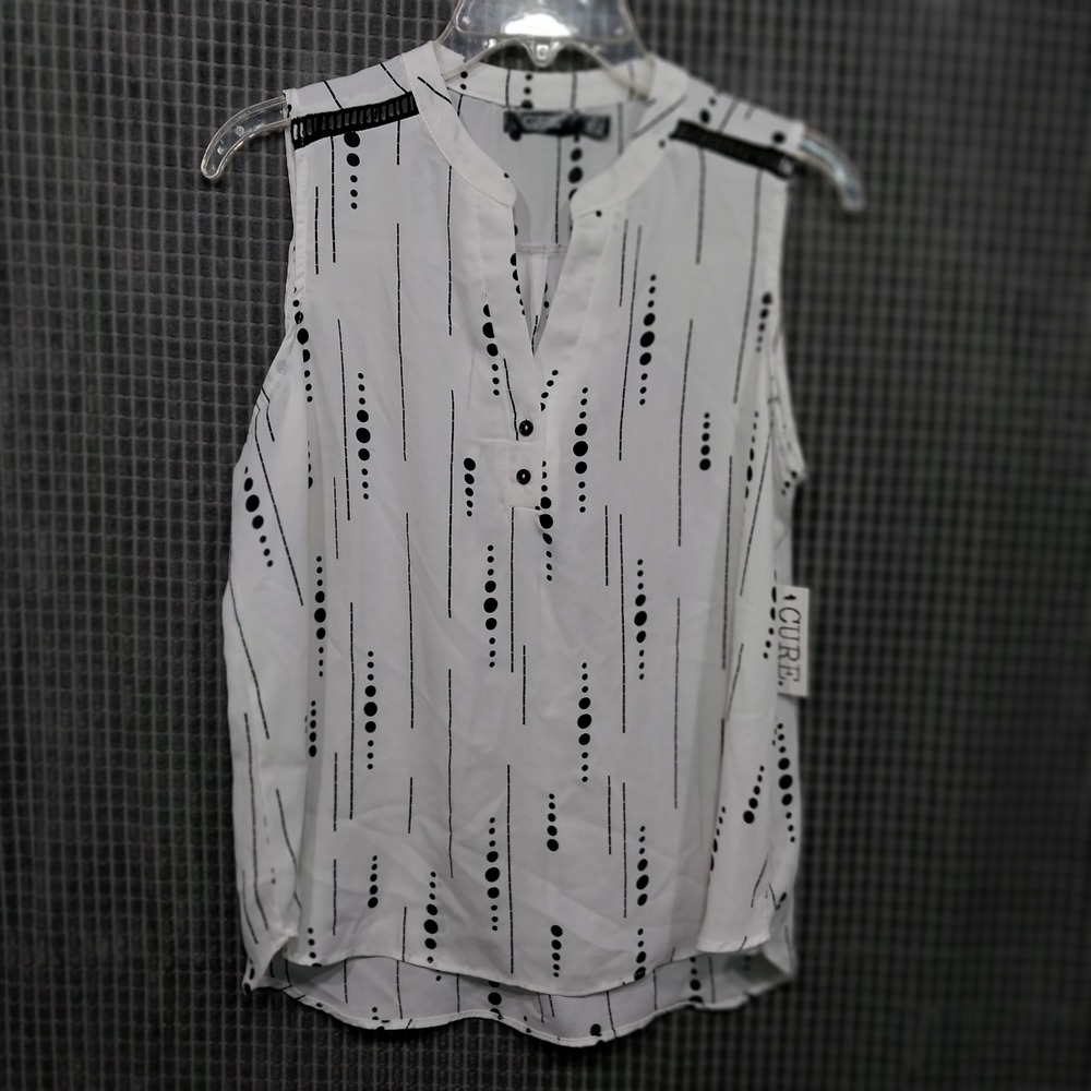 CURE. Women Sleeveless Blouse Geometric Dot Print Lace Trim M White Black